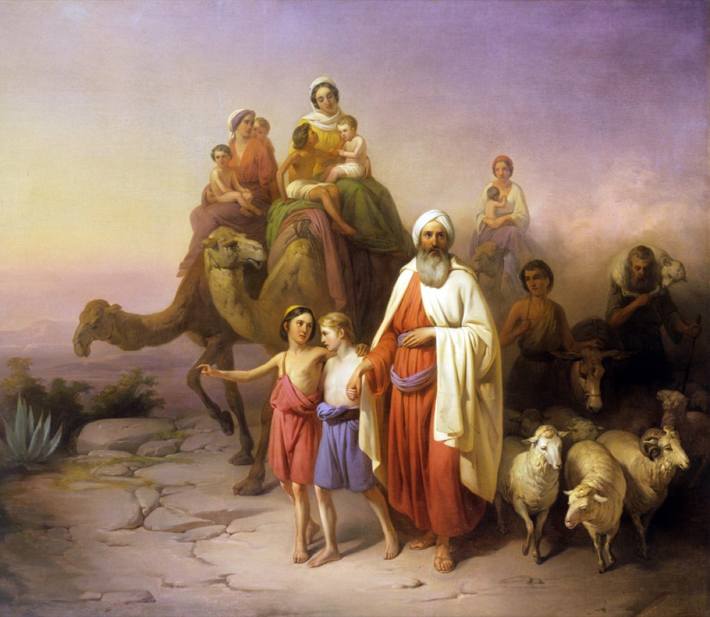Molnár's painting of Abraham's migration: the patriarch on a white horse leads Sarah, his household, flocks, and laden camels across open country toward Canaan.