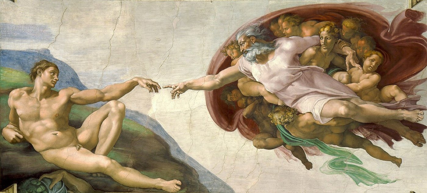 Michelangelo's Creation of Adam: the reclining Adam extends a languid hand toward the outstretched finger of God, borne by angels.