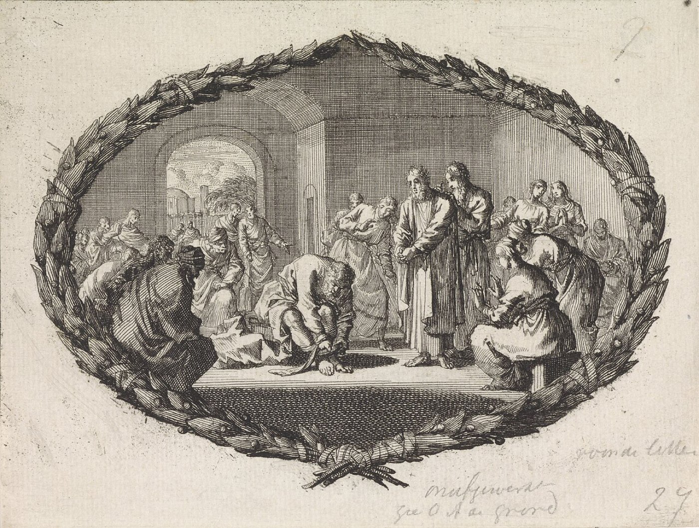 An engraving of Agabus binding his own hands and feet with Paul's belt while Paul and his companions look on in a columned house.