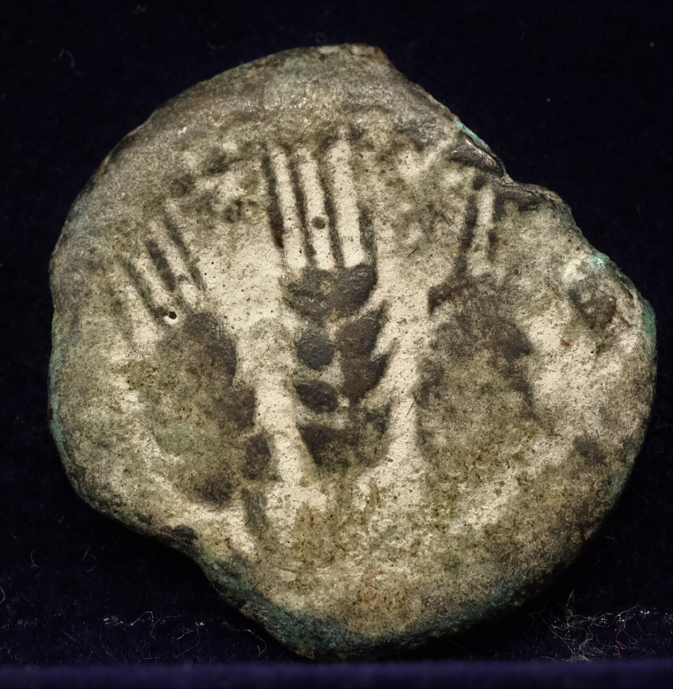 A worn bronze prutah coin of Herod Agrippa showing three ears of barley.