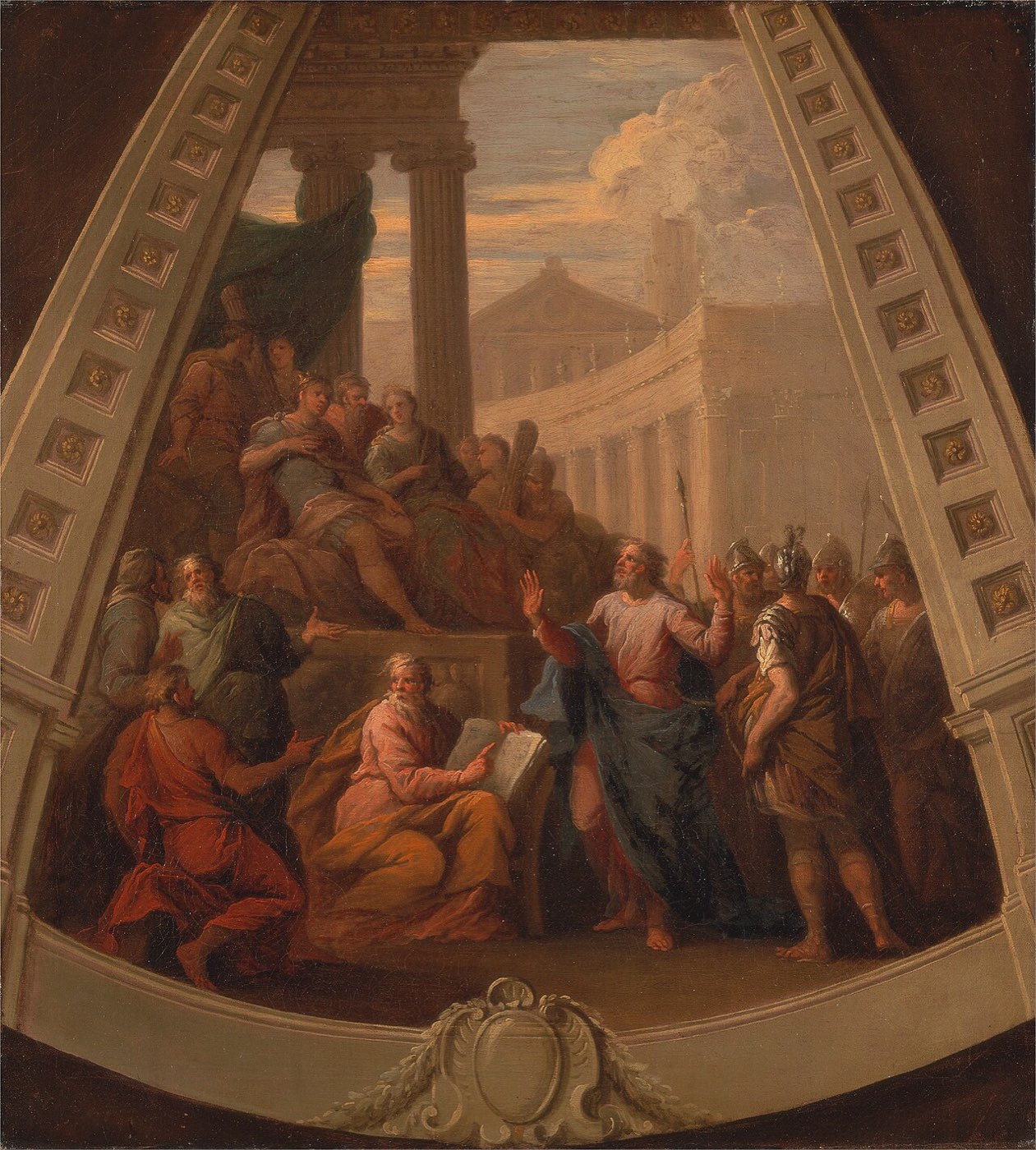 Thornhill's painting of Paul before Agrippa: the apostle stretches out his chained hand in defense before the enthroned king, Bernice and the court arrayed around him.
