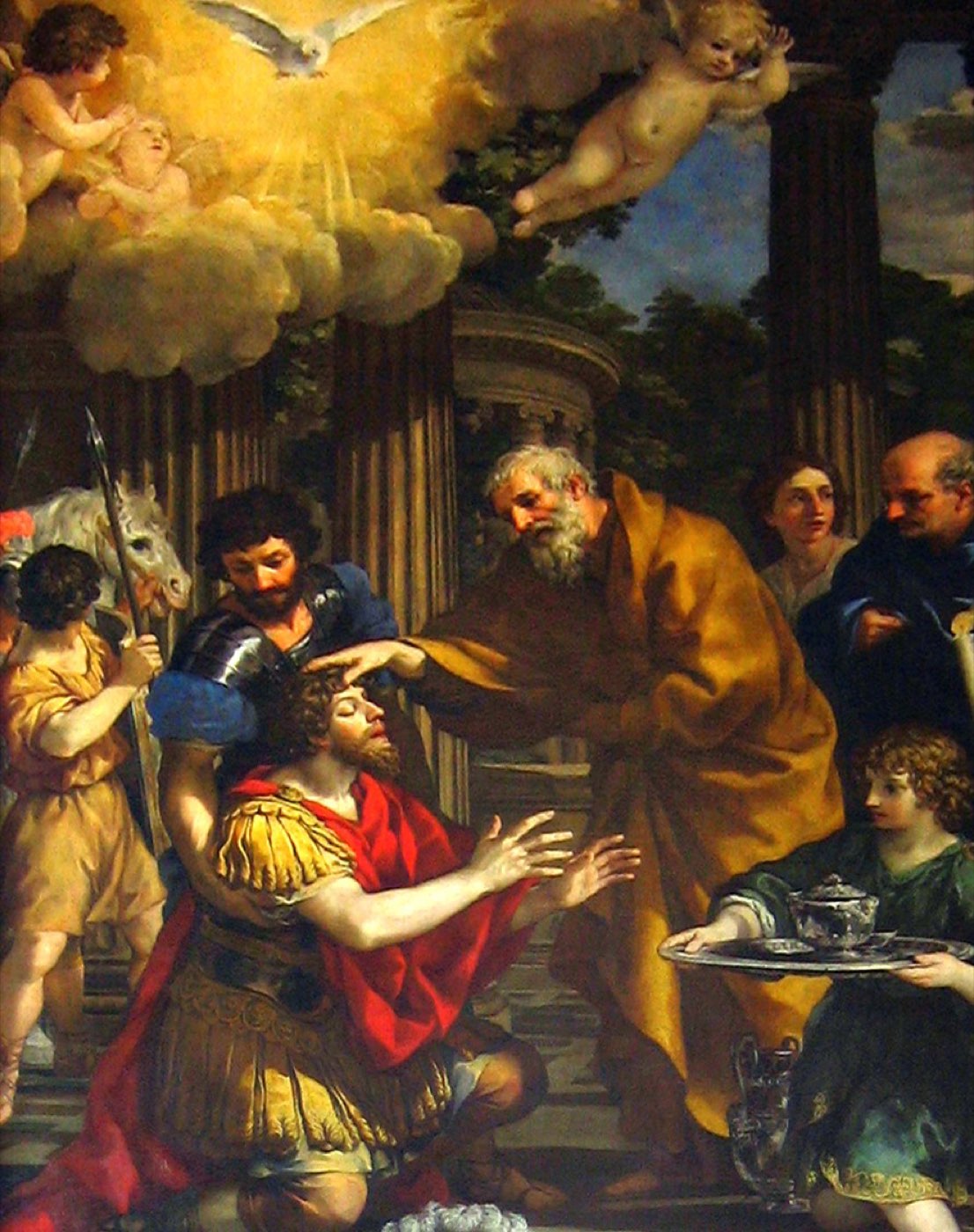 Pietro da Cortona's painting of Ananias restoring Paul's sight: the old disciple lays hands on the kneeling, blinded Saul in a columned room as light breaks in.