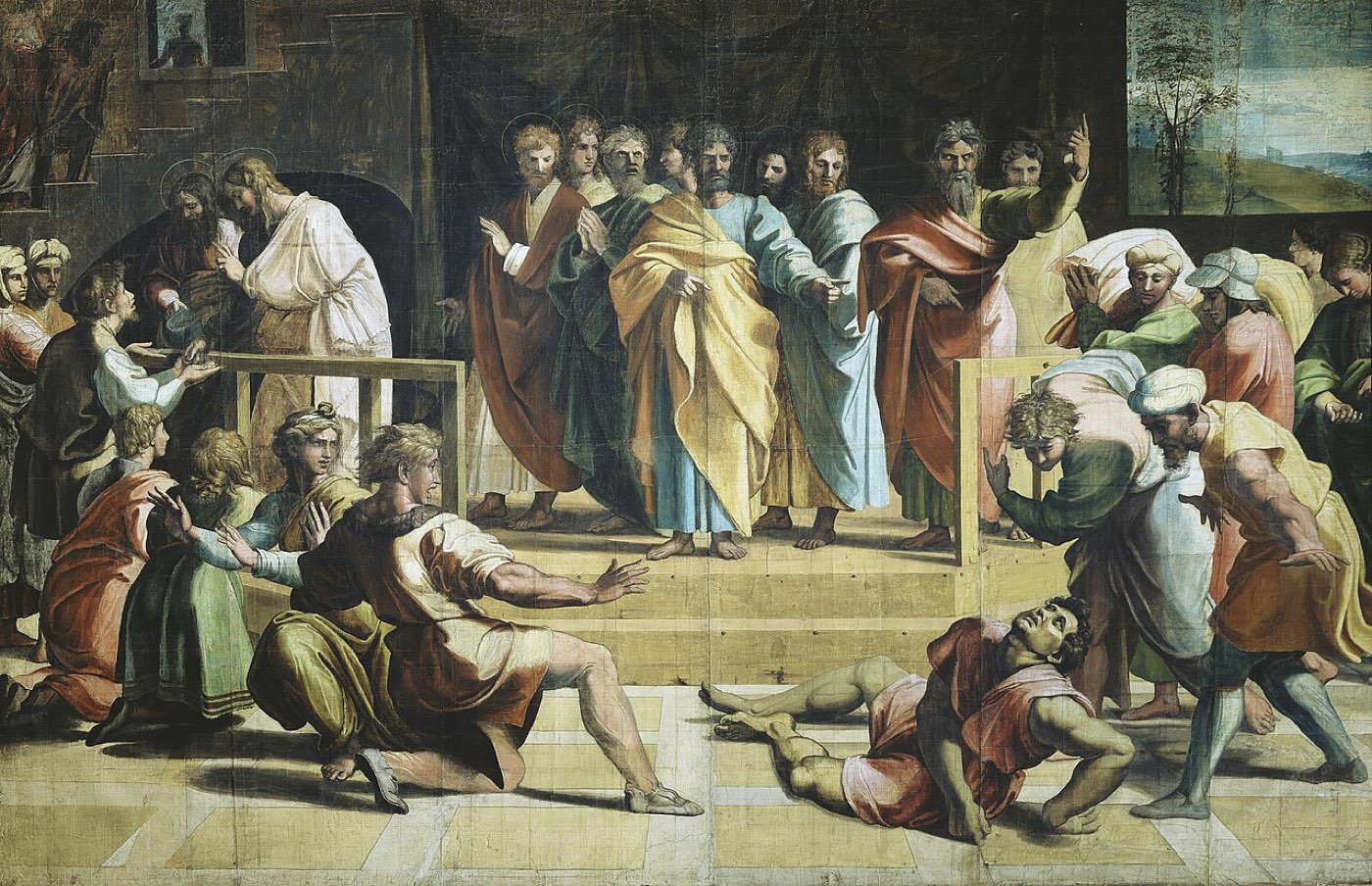 Raphael's cartoon of the death of Ananias: the apostles stand raised above the crowd as Ananias collapses mid-stride, onlookers recoiling.