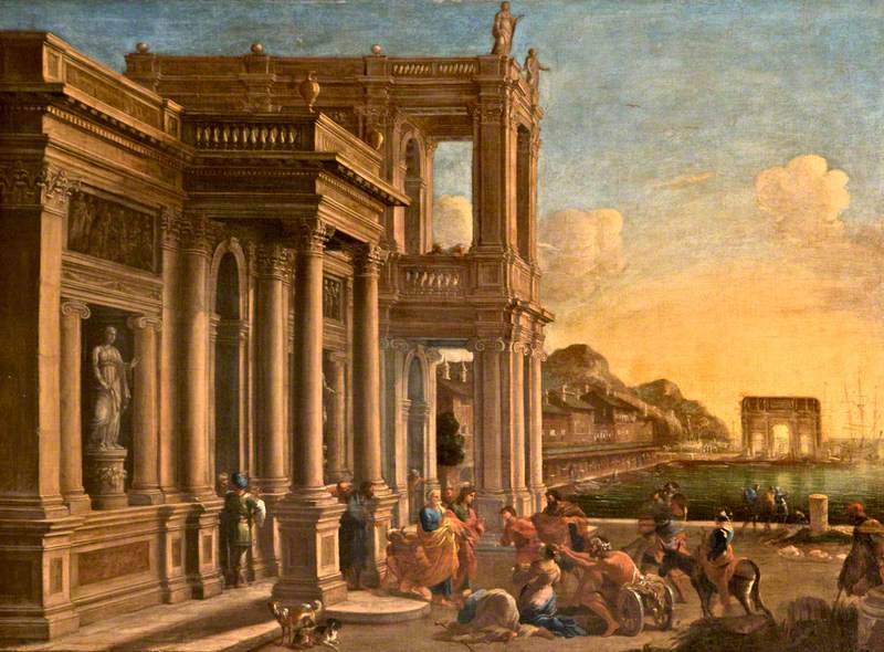 A painting of Paul and Barnabas at Lystra: amid classical ruins the crowd prepares sacrifice to the two apostles, who protest against the honor.