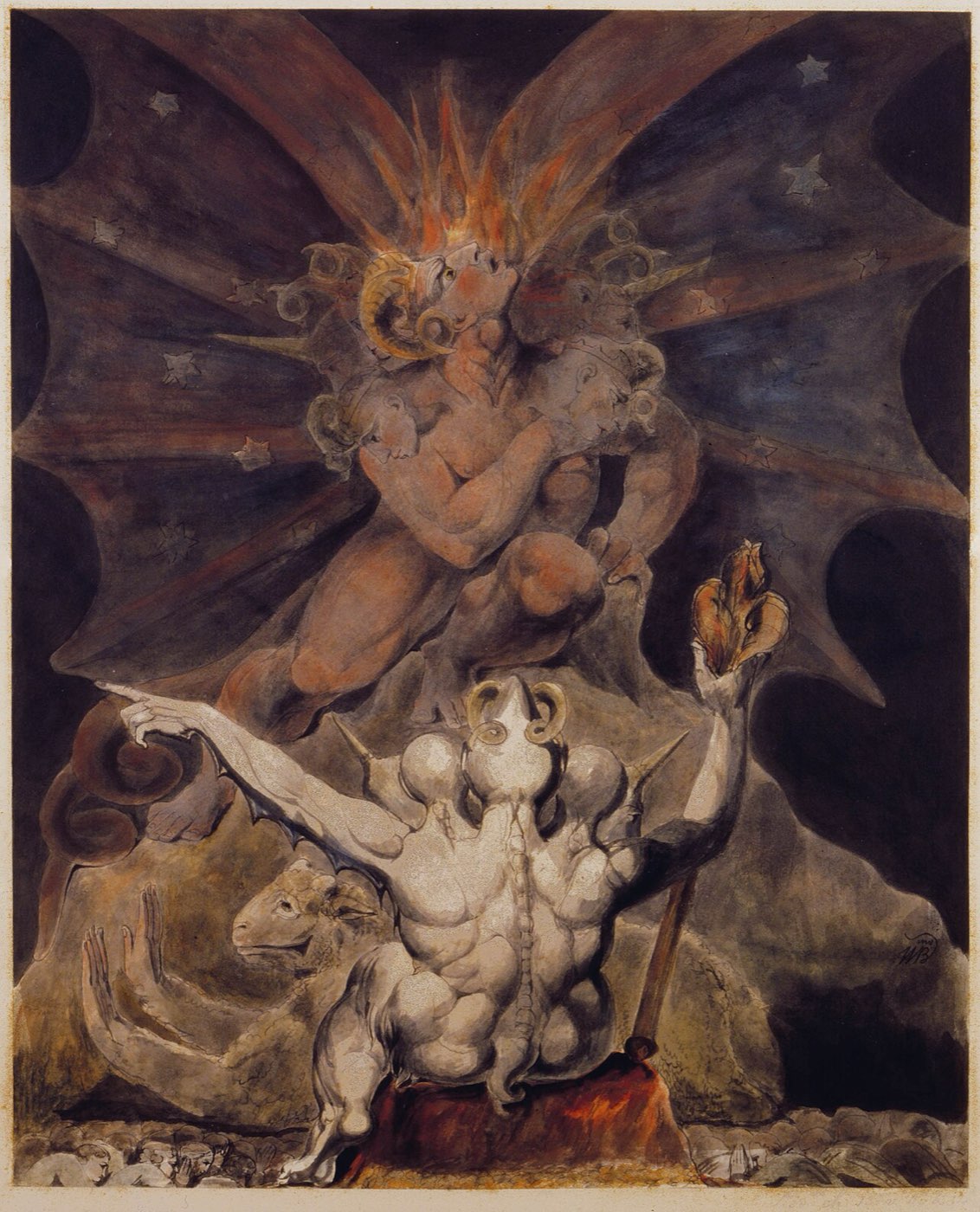 Blake's watercolor The Number of the Beast is 666: the winged dragon presides over the seven-headed beast of the sea and the horned beast of the earth beneath a starry vault.
