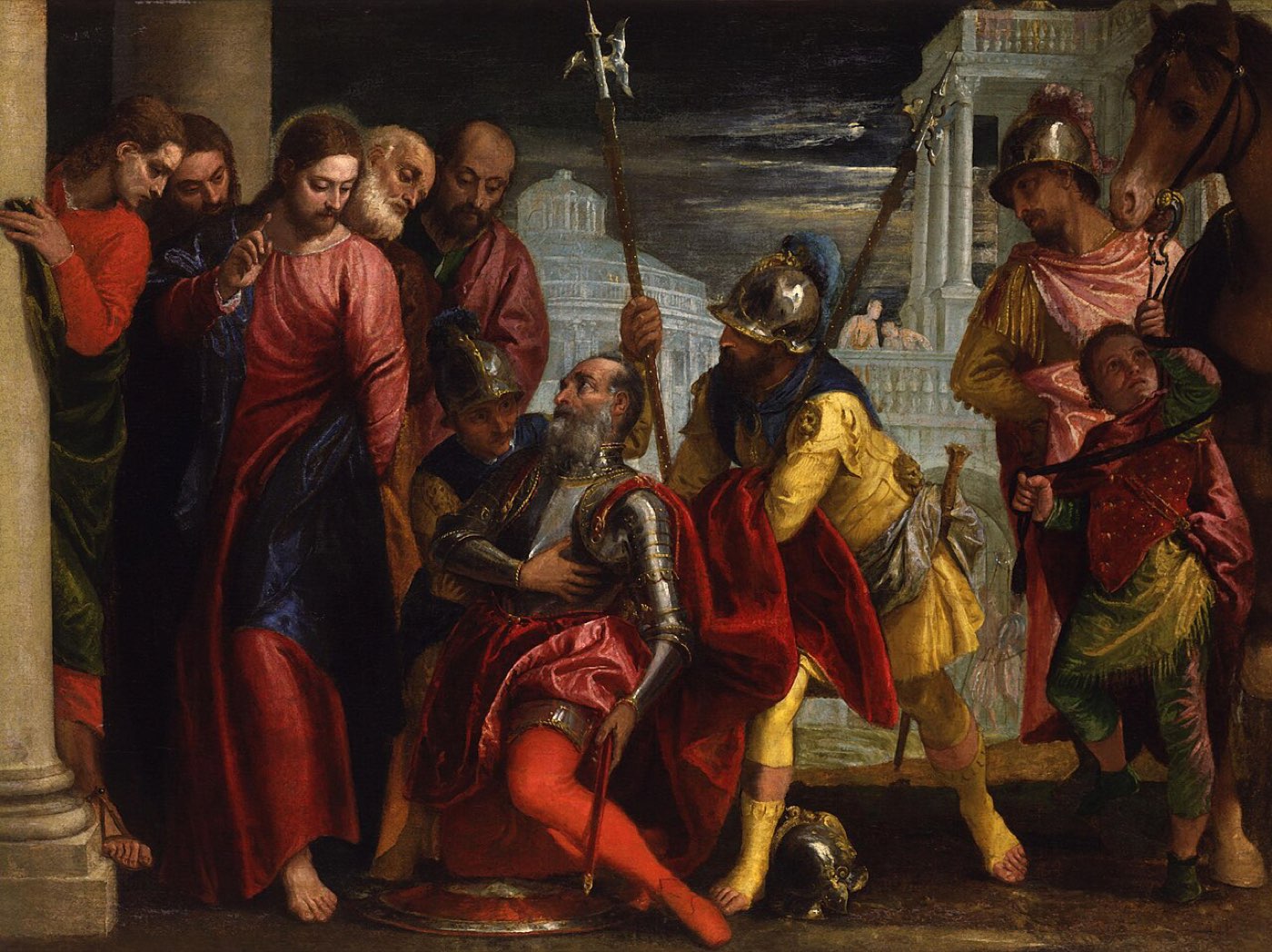 Veronese's painting of the centurion kneeling in armor before Jesus, his officers behind him, beneath grand classical architecture.