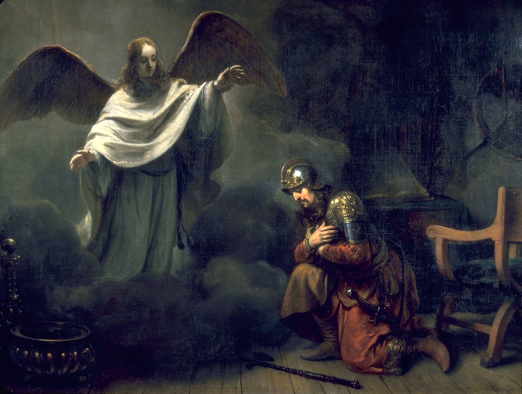 Van den Eeckhout's Vision of Cornelius: the centurion kneels startled by an angel of light in his chamber while a companion shields his eyes.
