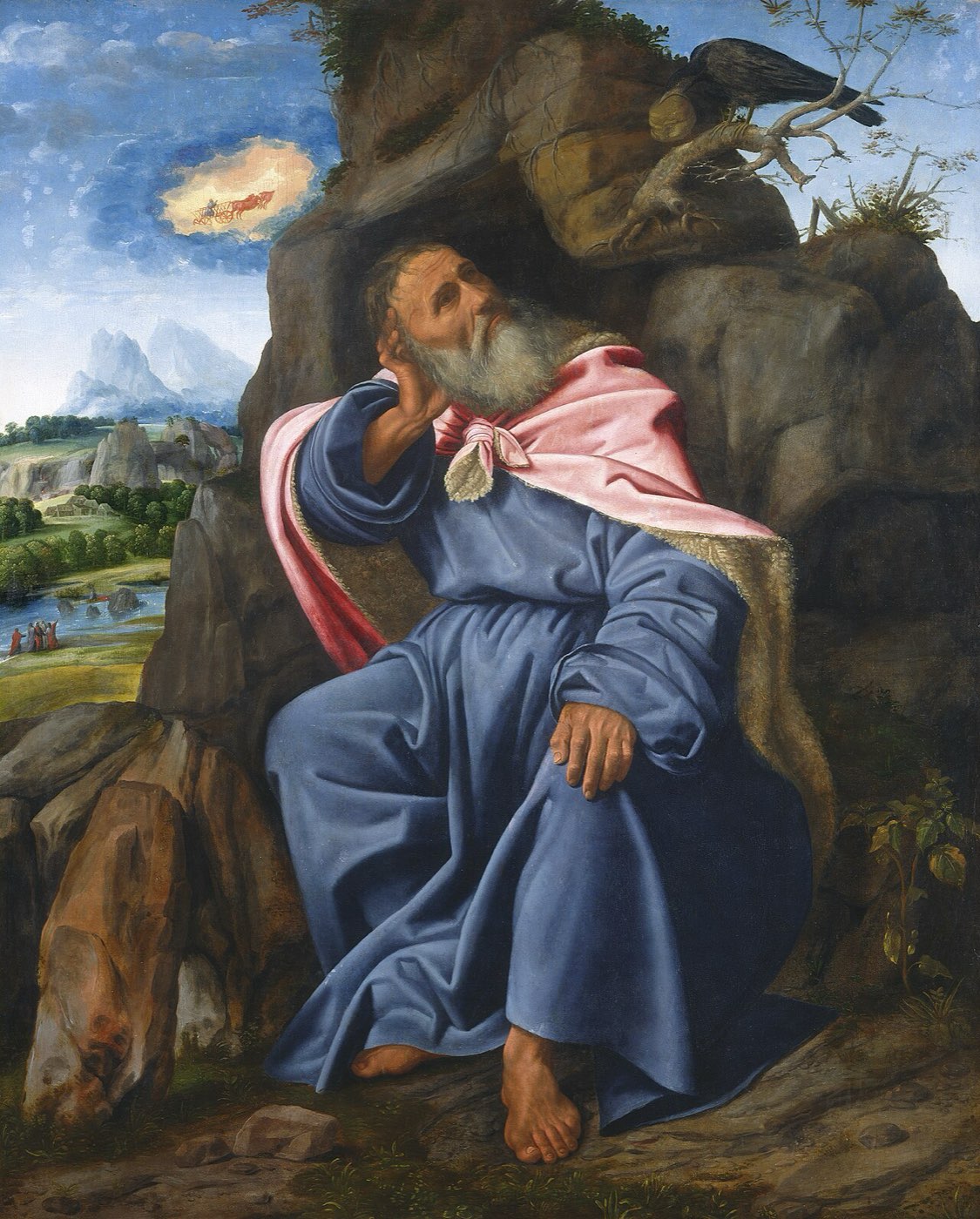 Savoldo's painting of Elijah in the wilderness: the prophet sits by a rocky stream as a raven arrives with bread, wild country stretching behind.