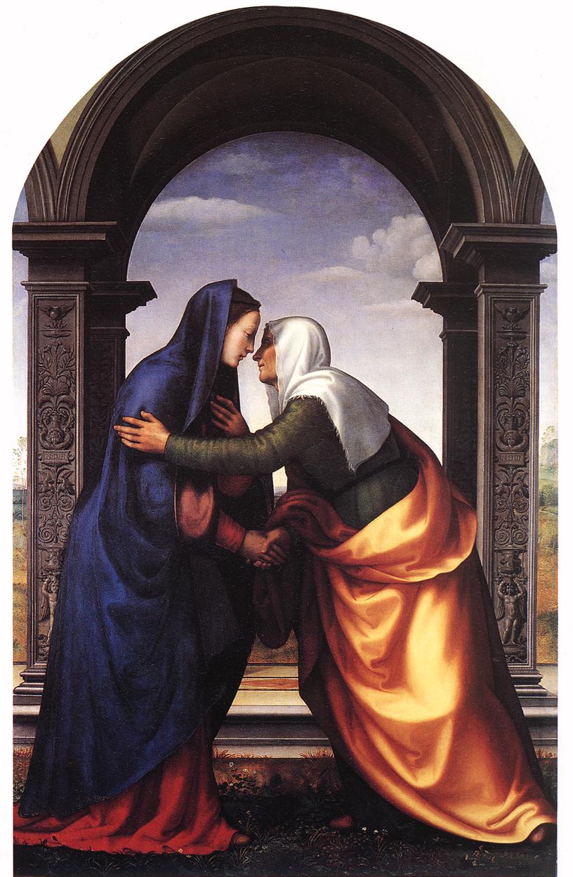 Albertinelli's Visitation: under a stone arch, the older Elizabeth in a golden cloak clasps hands and leans toward the young Mary in deep blue.