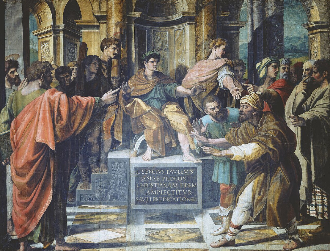 Raphael's cartoon of the blinding of Elymas: the sorcerer staggers with closed eyes and groping hands across the proconsul's court as onlookers watch Paul's judgment take effect.