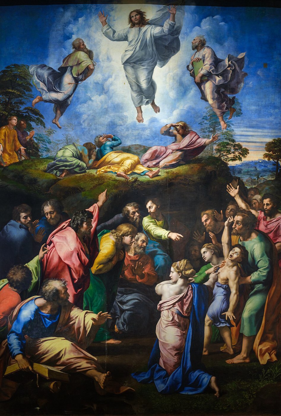 Raphael's Transfiguration: Christ blazes in glory on the mountaintop while below, in turmoil, the disciples and the desperate father gesture around the convulsing boy.