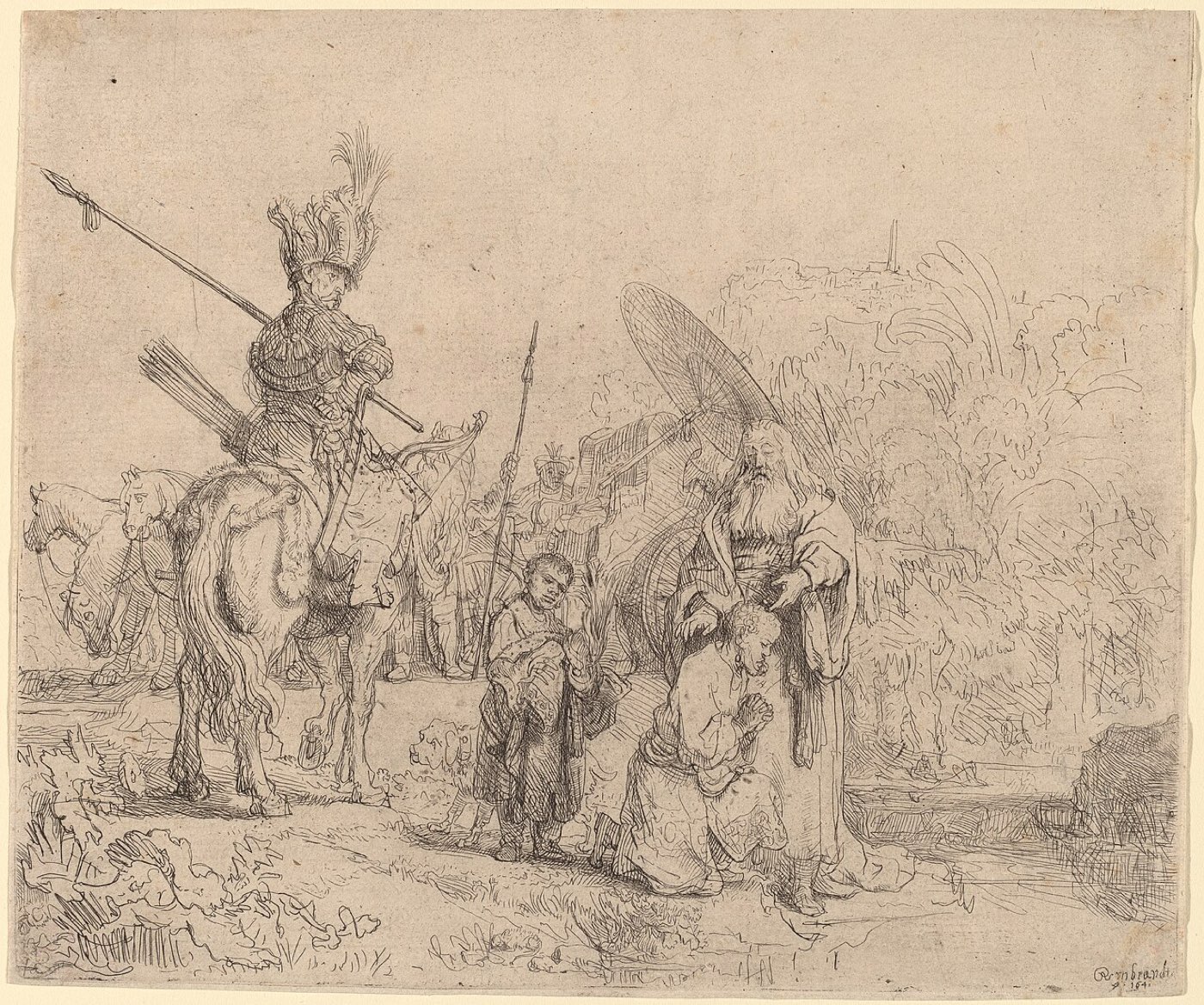 Rembrandt's 1641 Baptism of the Eunuch: Philip pours water over the kneeling Ethiopian official beside the road, attendants and horses waiting behind.