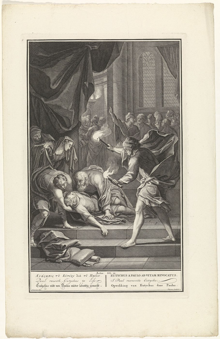 An engraving of the raising of Eutychus: by torchlight Paul bends over the young man lifted from the ground below the window as the congregation crowds around.