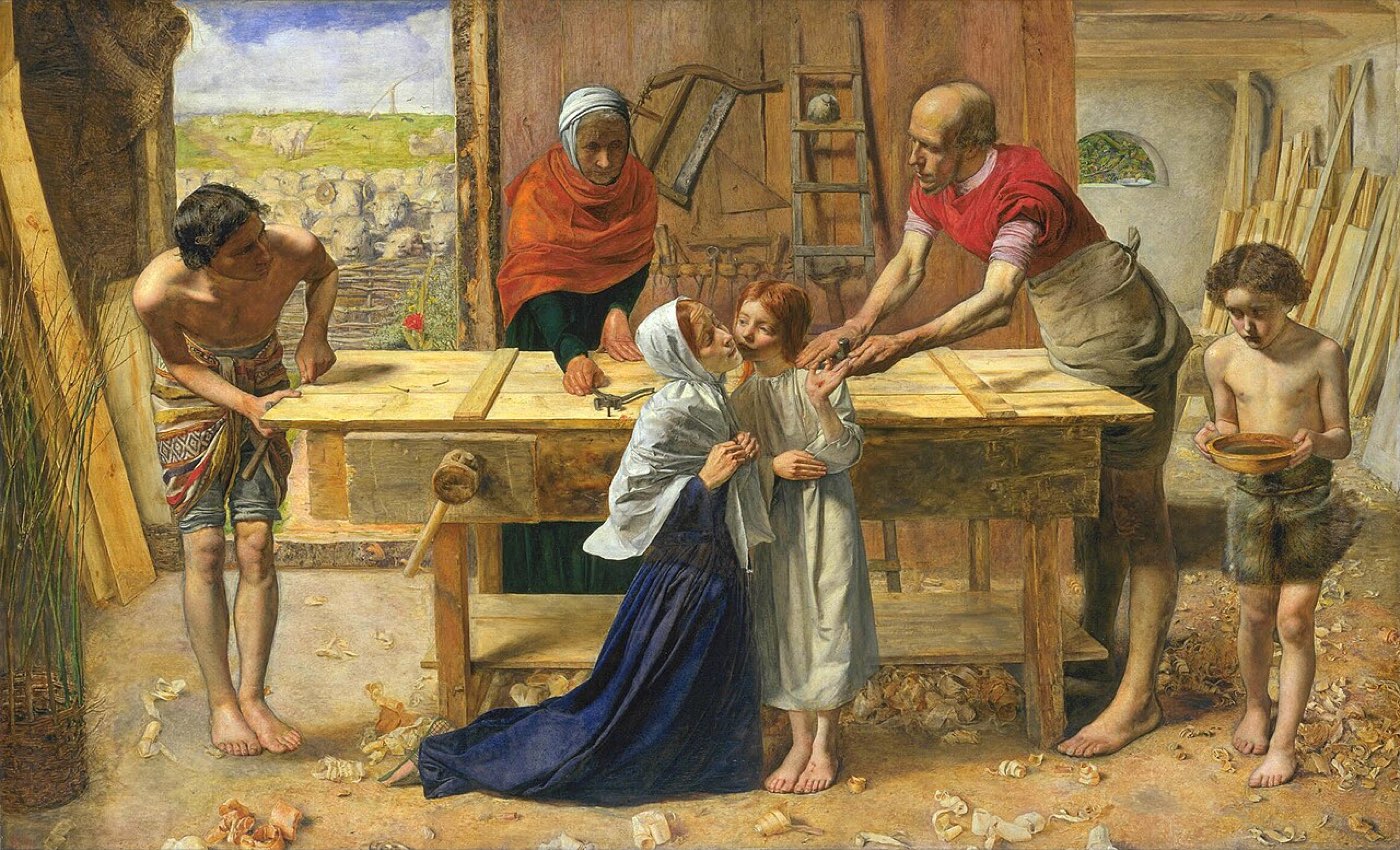 Millais' painting of the boy Jesus in Joseph's carpenter shop: the family gathers around him as Mary kneels to comfort him over a wounded palm, wood shavings on the floor.