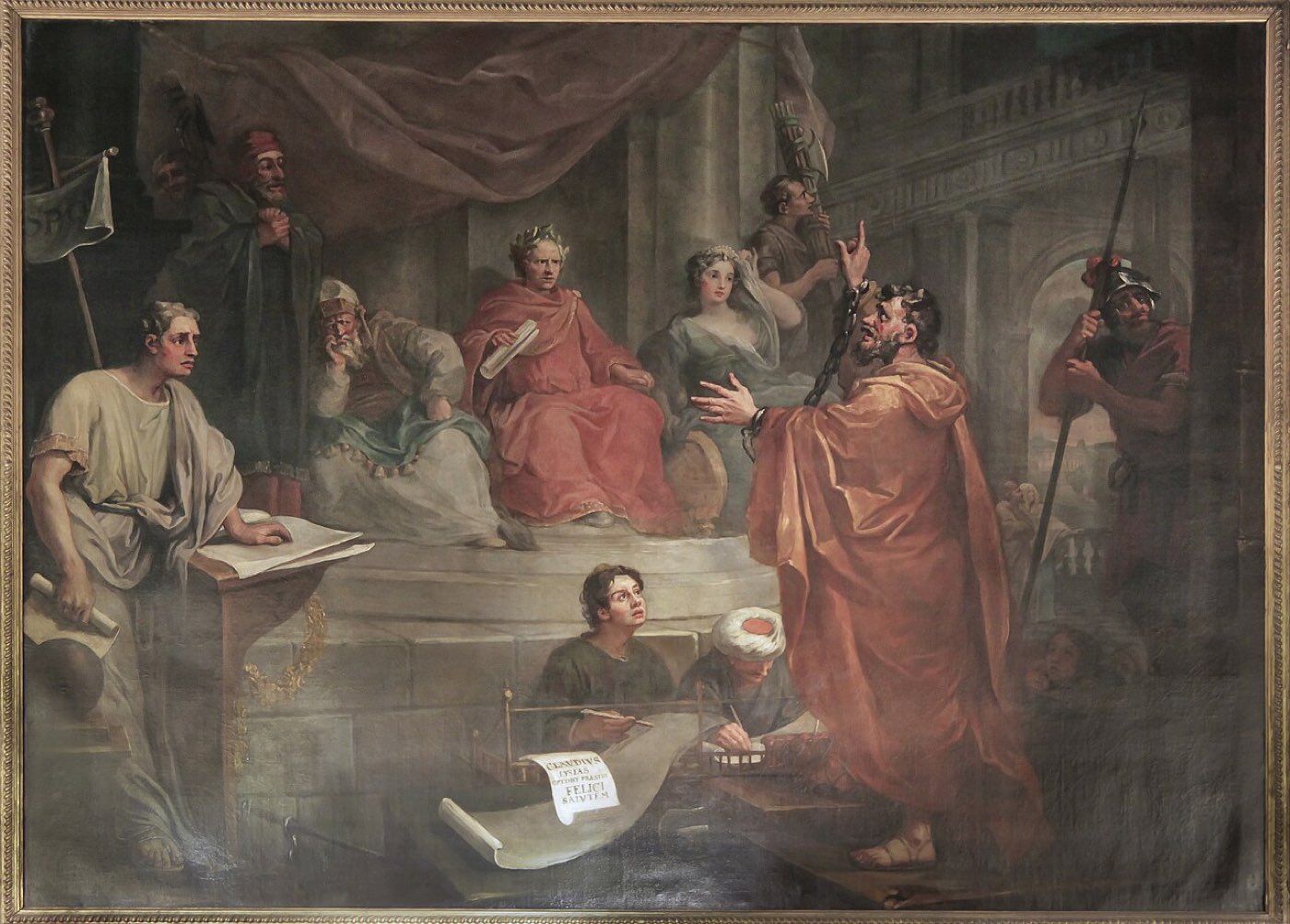 Hogarth's painting of Paul before Felix: the chained apostle speaks with raised hand as the governor shrinks on his tribunal beside Drusilla, the court in commotion.