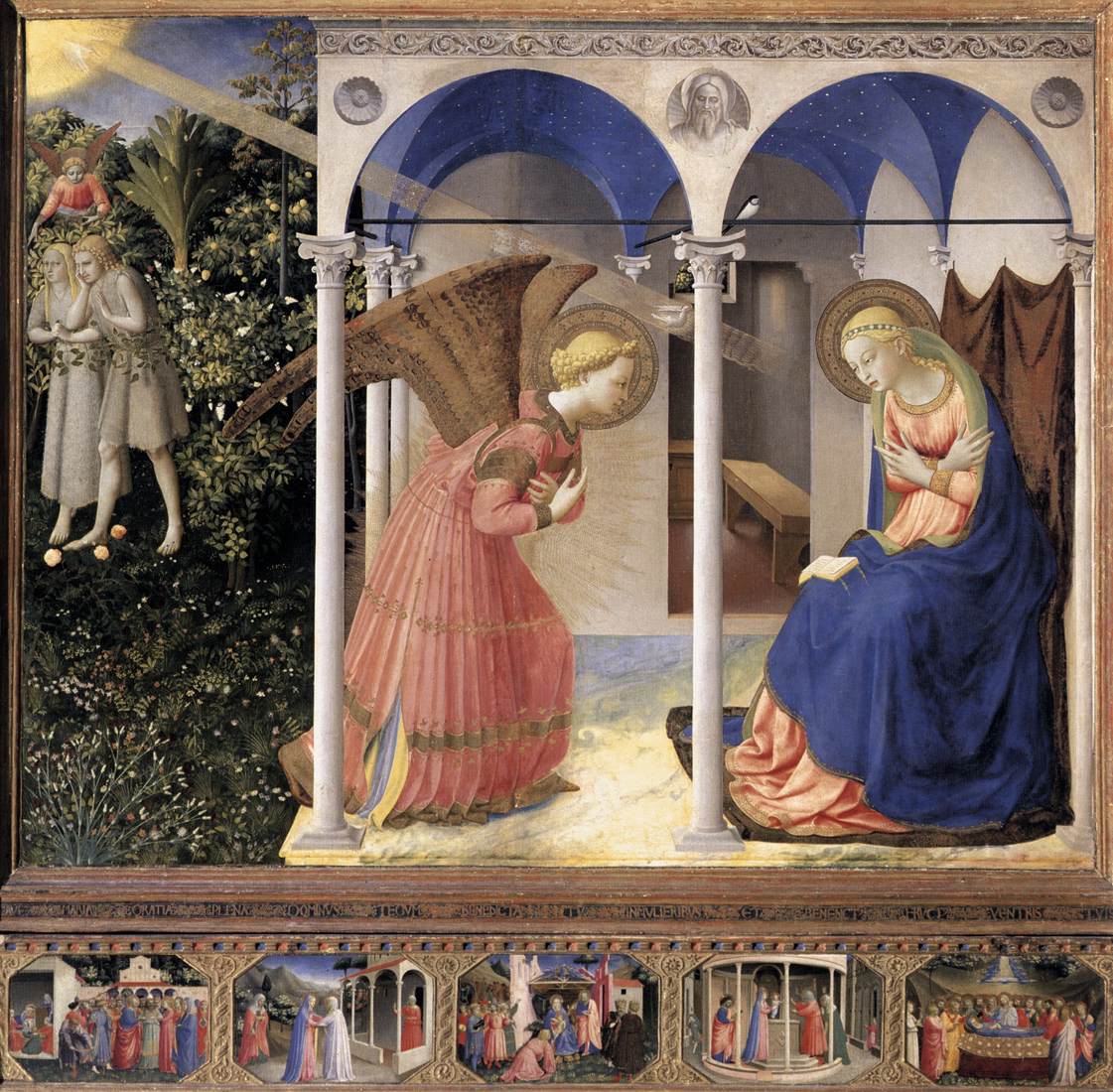 Fra Angelico's Annunciation: the angel Gabriel in a rose-colored robe with gold-banded wings bows toward Mary under a columned portico, as Adam and Eve are expelled from the garden at the left.