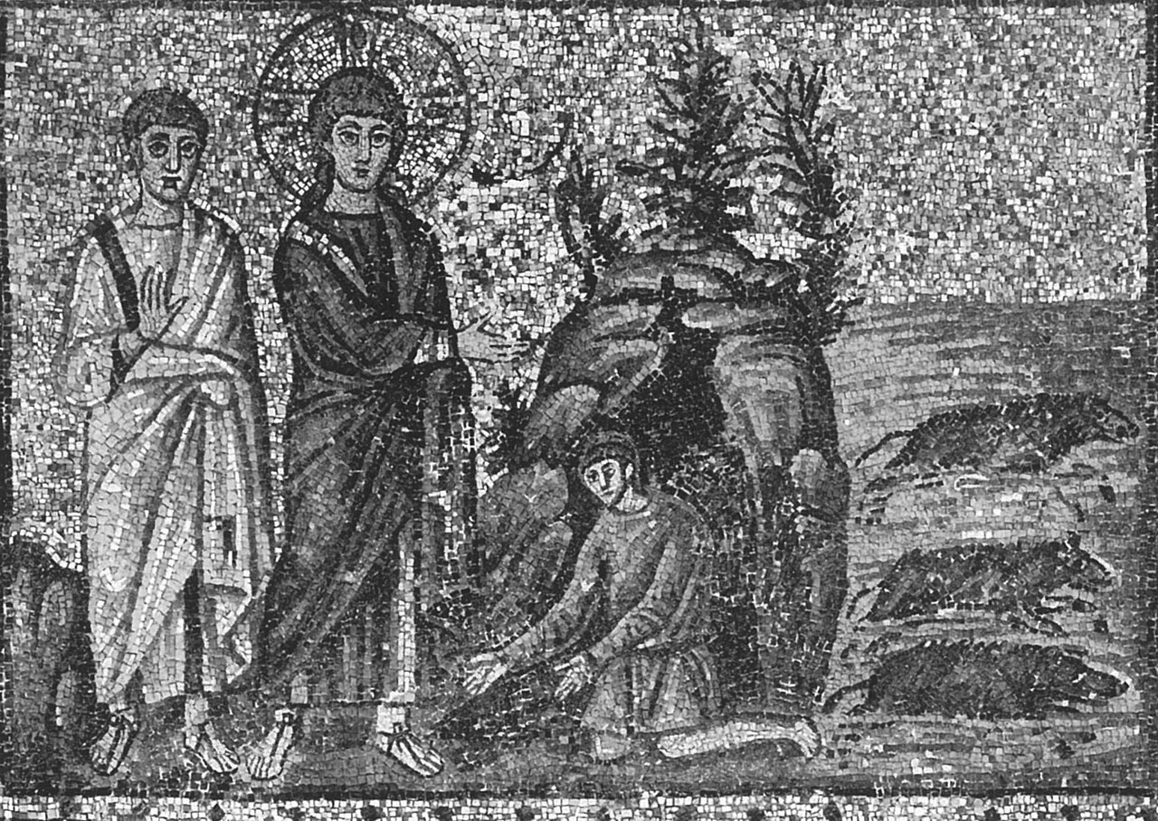 A sixth-century mosaic: Christ and a disciple stand before the demoniac among rocky tombs while a herd of pigs plunges toward the water at the right.