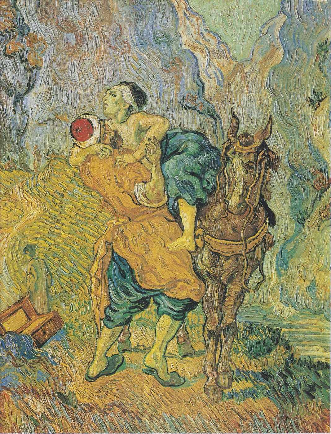 Van Gogh's Good Samaritan: in swirling color, the Samaritan strains to lift the wounded man onto his horse on a mountain road, the open strongbox abandoned at the roadside.