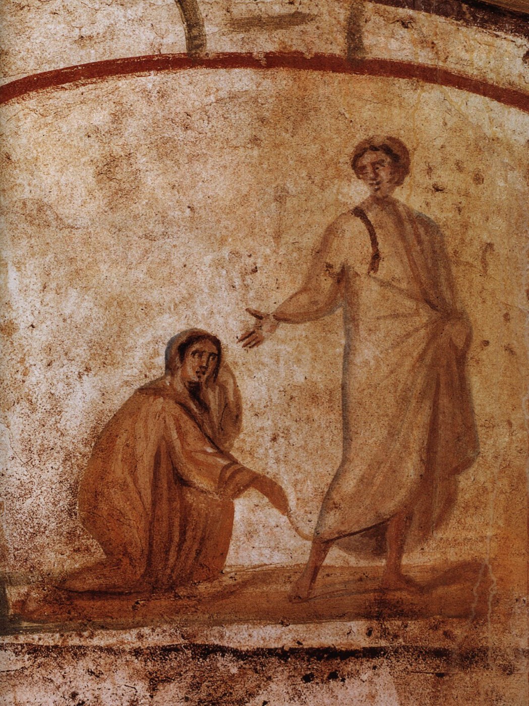 A fourth-century catacomb fresco: a kneeling woman reaches out to touch the hem of Christ's robe as he turns toward her with an extended hand.