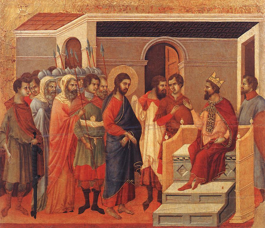 Duccio's panel of Christ before Herod: Jesus stands silent in red before the enthroned, gesturing king and his courtiers.