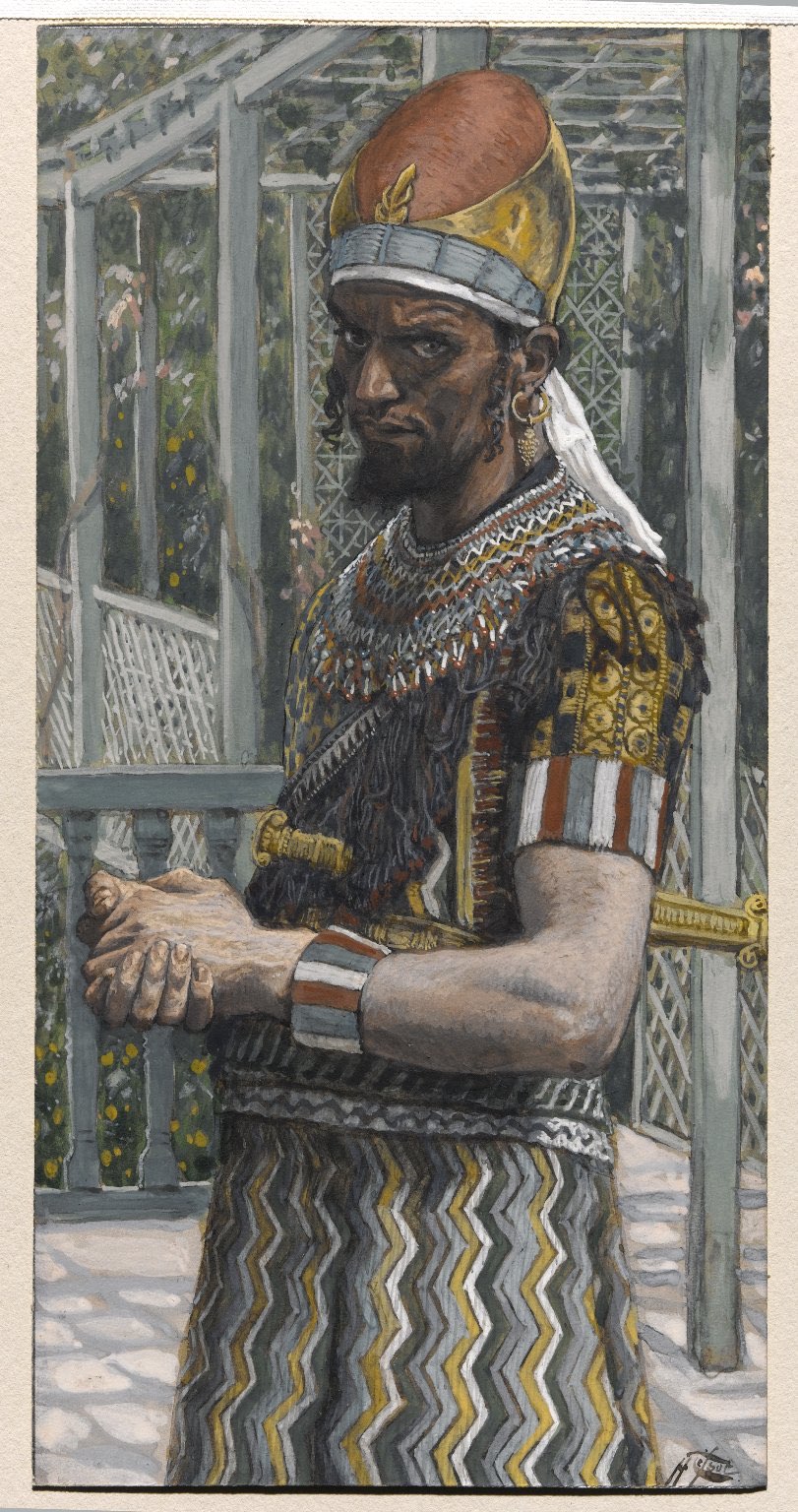 Tissot's watercolor of Herod: a scowling king in an ornate patterned tunic and tall crown stands on a lattice-walled terrace, hands clasped, sword at his side.