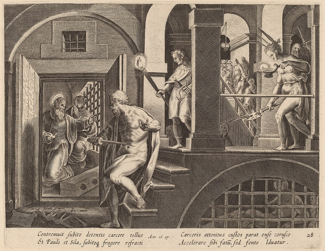 Galle's engraving of the Philippi earthquake: the jailer draws his sword to kill himself amid broken prison doors as Paul calls out from the cell, prisoners' chains hanging loose.