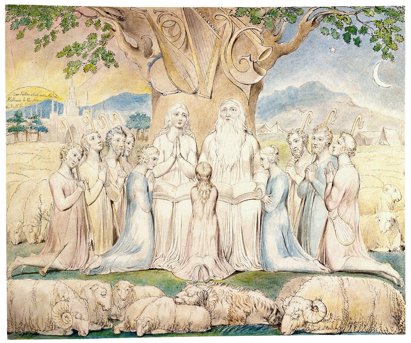 Blake's engraving of Job and his family kneeling in prayer beneath a great tree, flocks resting around them in the evening light.