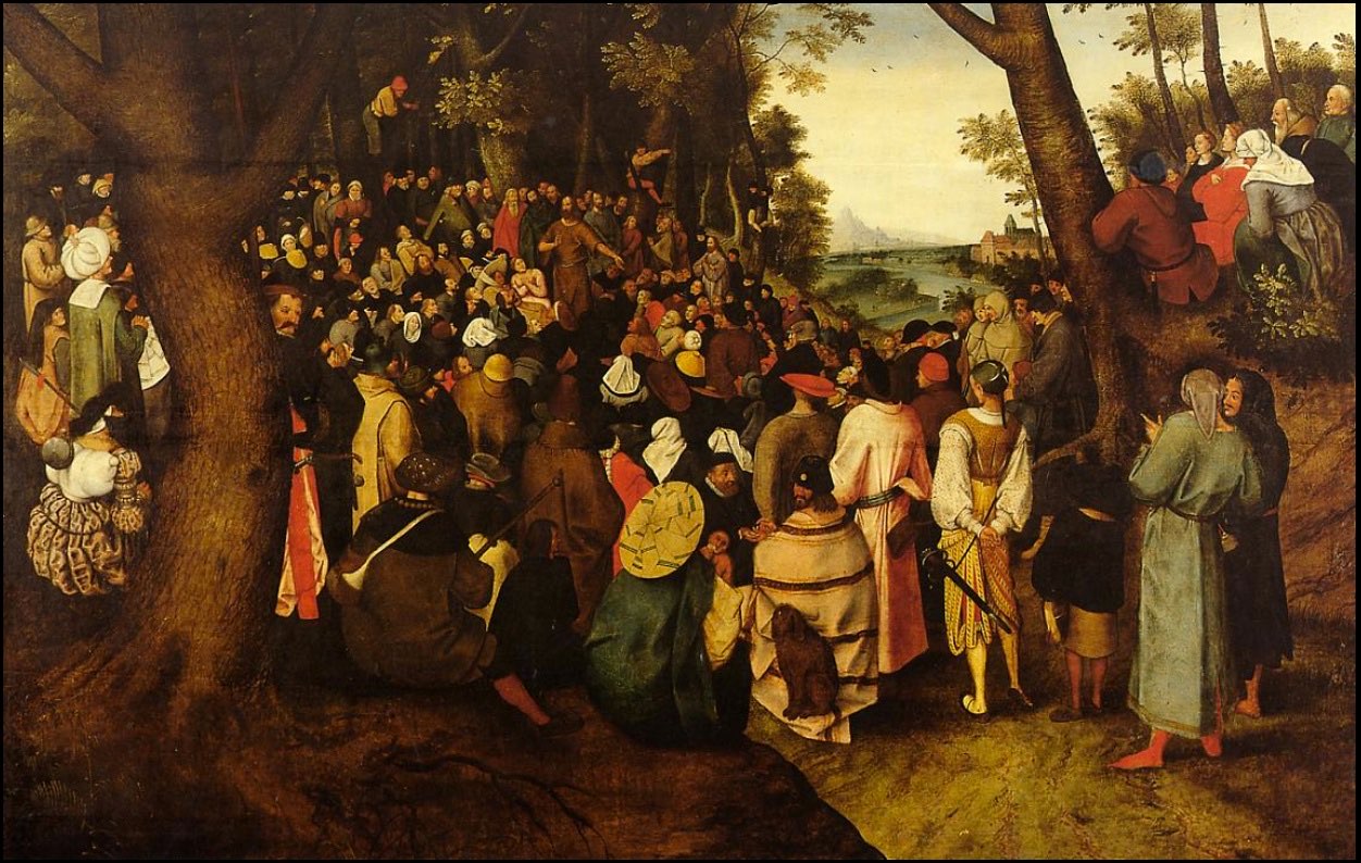 Brueghel's painting of John the Baptist preaching: a great crowd in a wooded clearing listens to the small figure of John gesturing from among the trees.