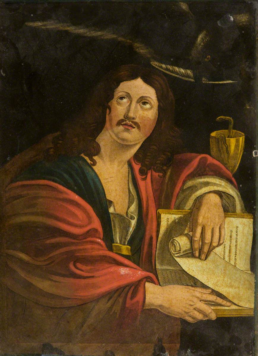 Saint John the Evangelist after Domenichino: a young long-haired John in red and green looks upward, resting his arm on his Gospel book, with the serpent-cup of legend behind him.