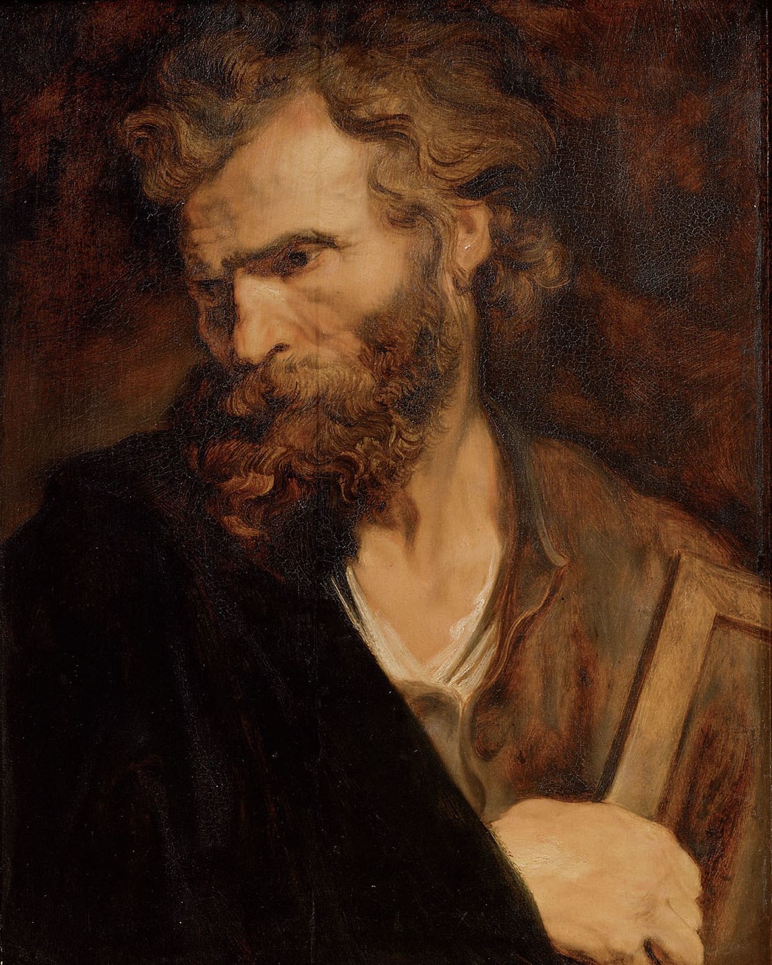 Van Dyck's painting of the apostle Jude Thaddeus: a bearded man in a russet cloak holding the halberd of his martyrdom, looking over his shoulder.