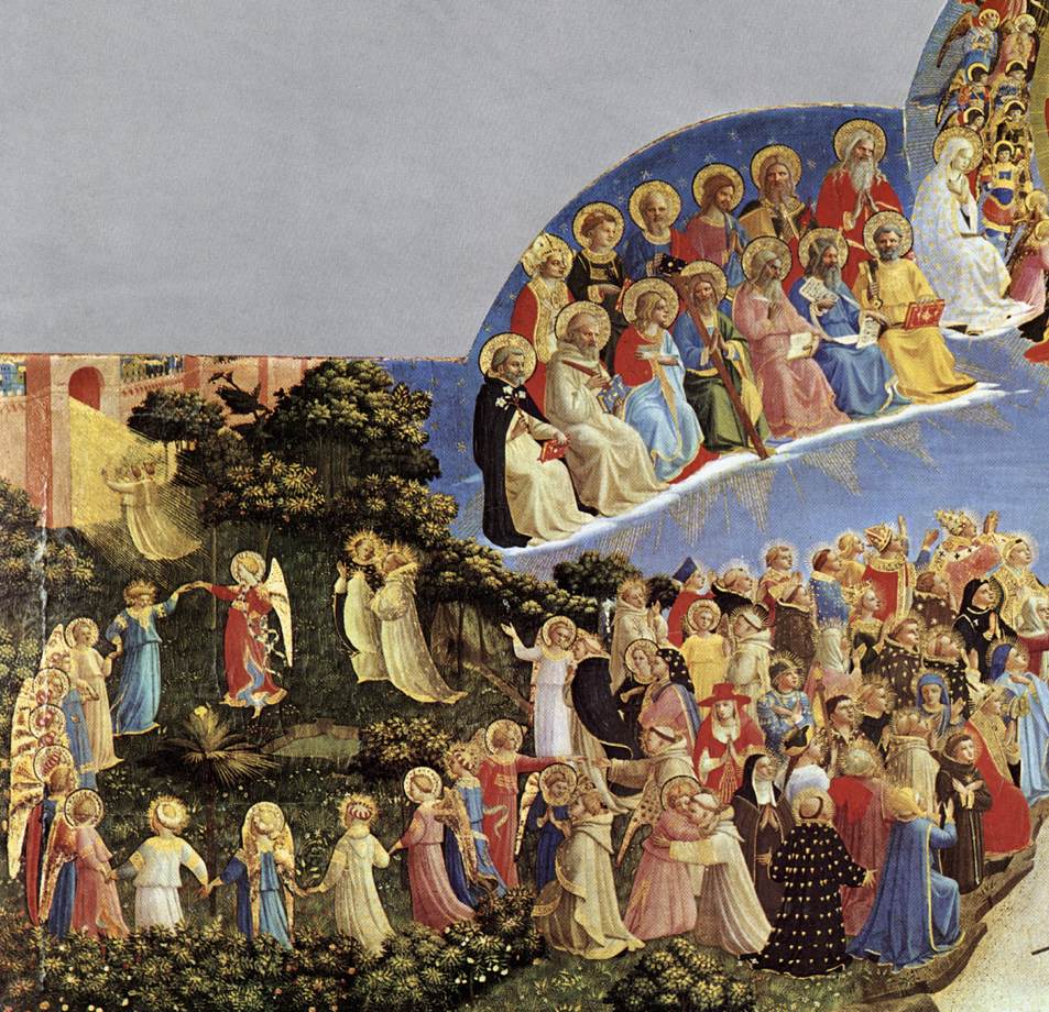 Fra Angelico's Last Judgment: Christ enthroned among angels and saints divides humanity, the blessed dancing toward paradise on his right, the lost driven downward on his left.