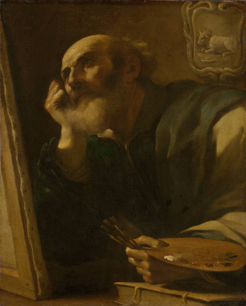 Guercino's painting of Saint Luke the Evangelist at his desk, pen in hand, looking up from his Gospel beside the ox that is his ancient symbol.