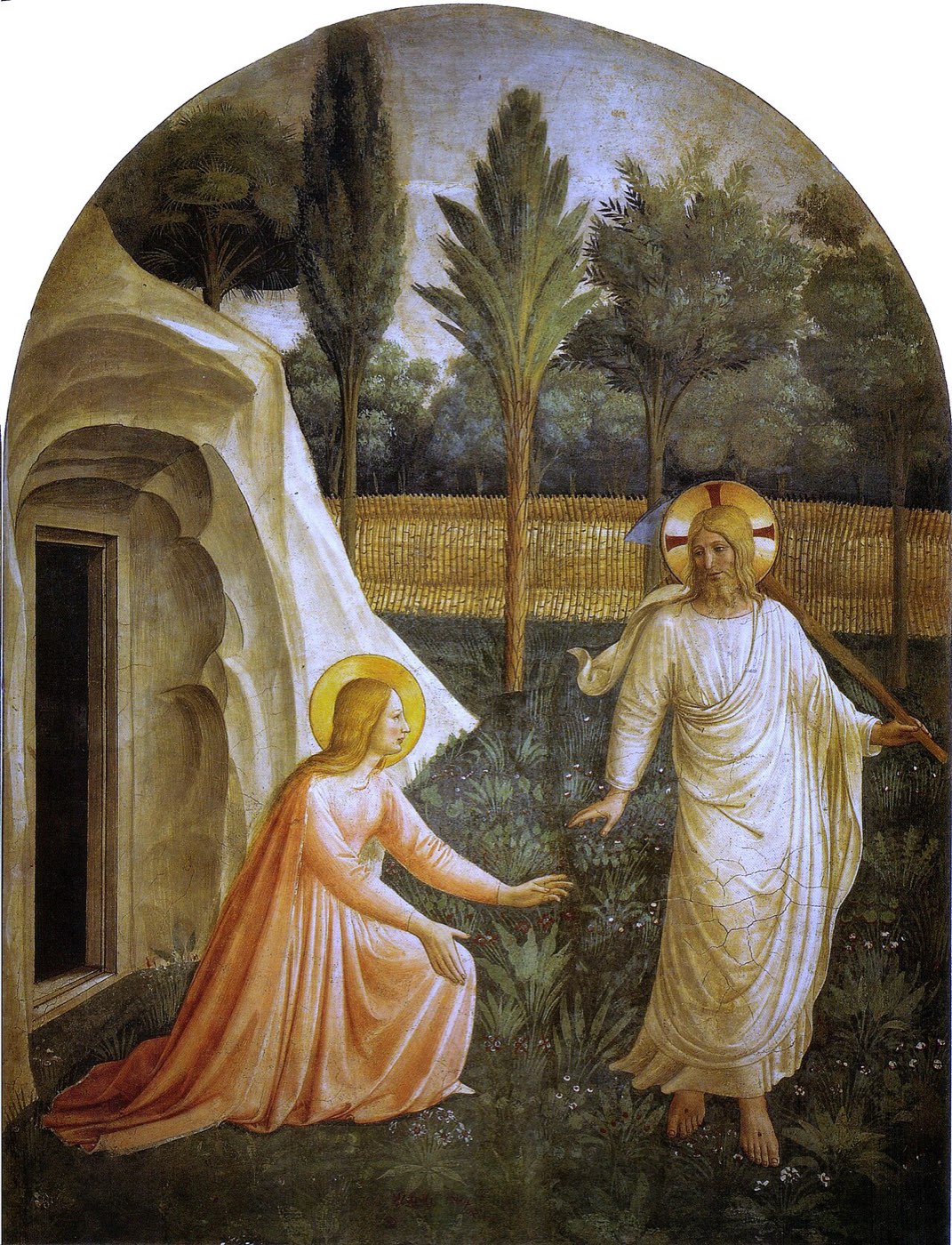 Fra Angelico's fresco Noli Me Tangere: in a flowering garden Mary Magdalene kneels reaching toward the risen Christ, who steps away carrying a hoe and gently stays her hand.