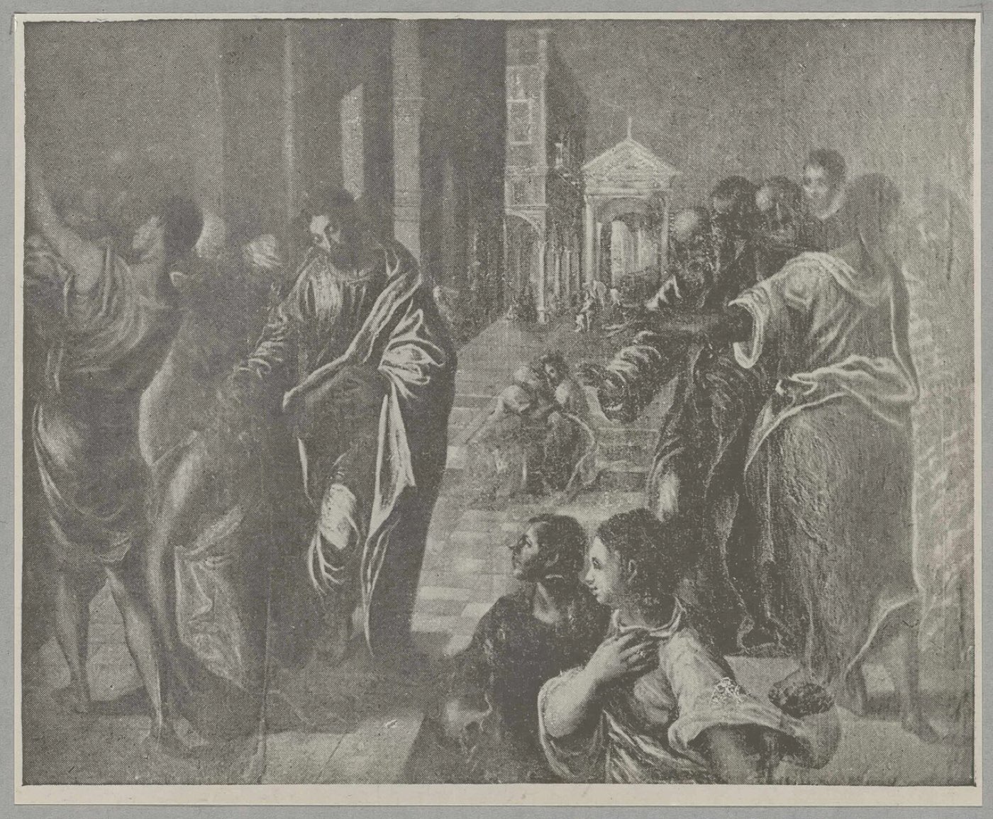 El Greco's painting of Christ healing the blind man: Jesus touches the kneeling man's eyes amid a swirl of onlookers under open architecture.