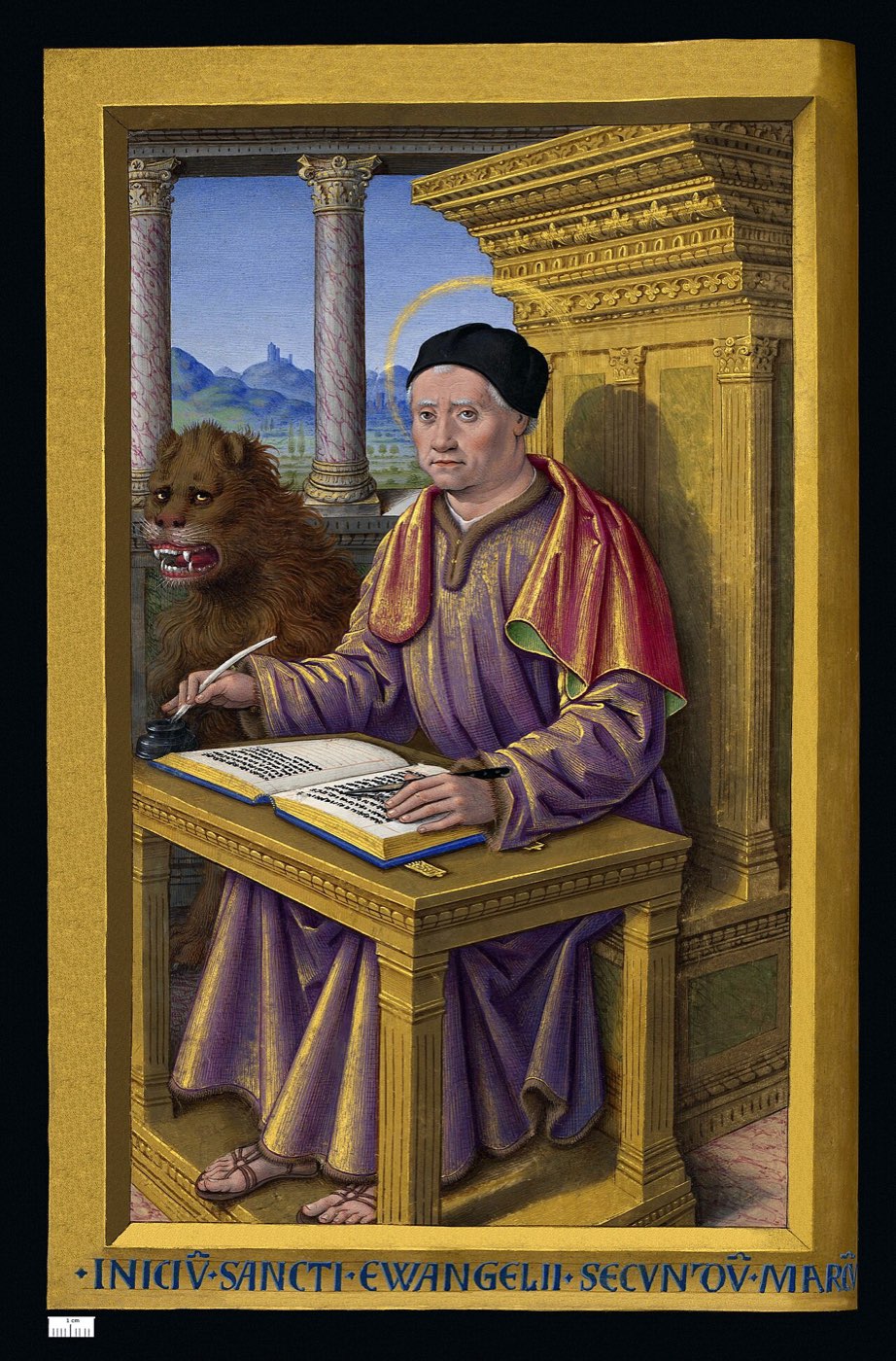 An illuminated manuscript page of Saint Mark writing at a golden desk, his lion beside him, from the Grandes Heures of Anne of Brittany.
