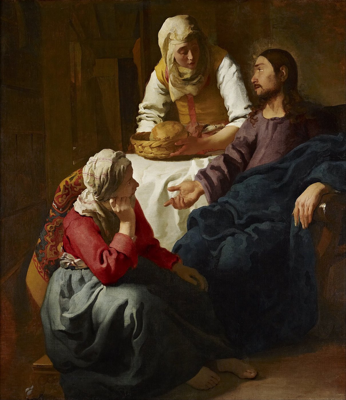 Vermeer's painting of Christ in the house of Martha and Mary: Martha sets down a basket of bread while Mary sits at Jesus' feet, chin on hand, listening.