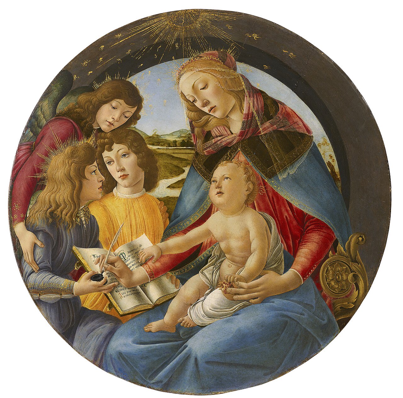 Botticelli's circular Madonna of the Magnificat: Mary, crowned by angels, writes the Magnificat in a book while the child Jesus on her lap guides her hand.