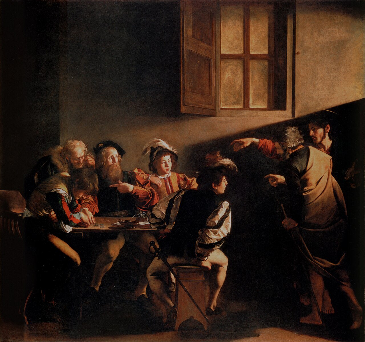 Caravaggio's Calling of Saint Matthew: in a dim counting room, a shaft of light follows Jesus' pointing hand to the table of tax men, where Matthew looks up as if to ask, Me?