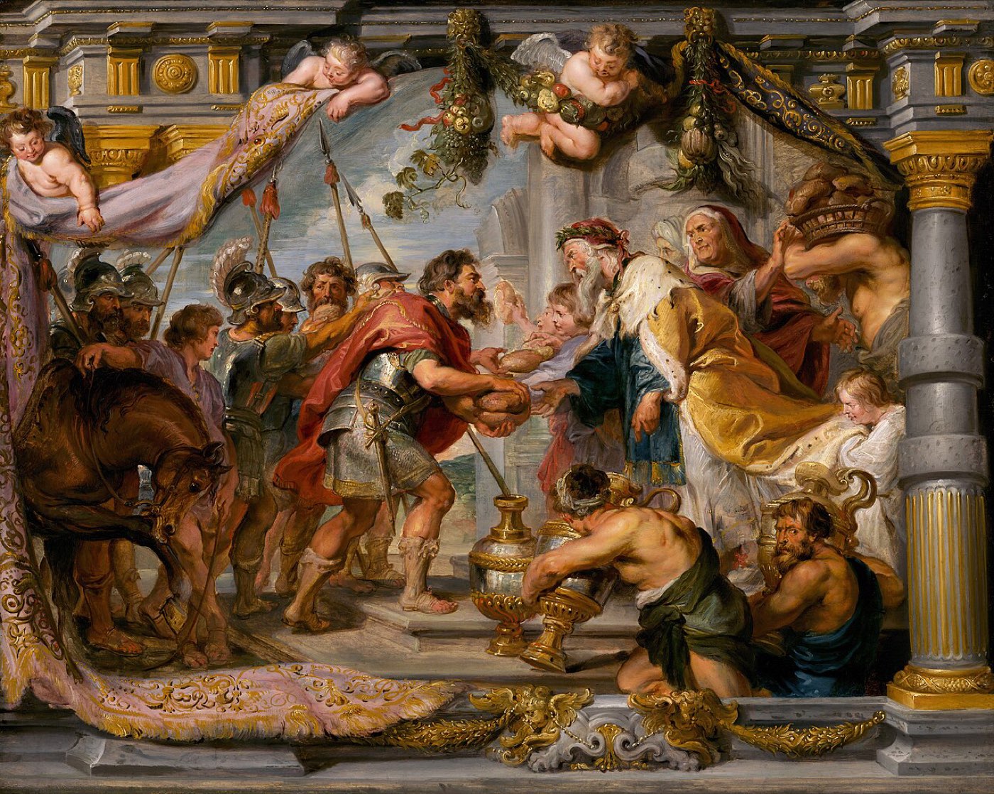 Rubens' Meeting of Abraham and Melchizedek: the crowned priest-king offers bread to the armored Abraham amid a swirl of servants, columns, and banners.