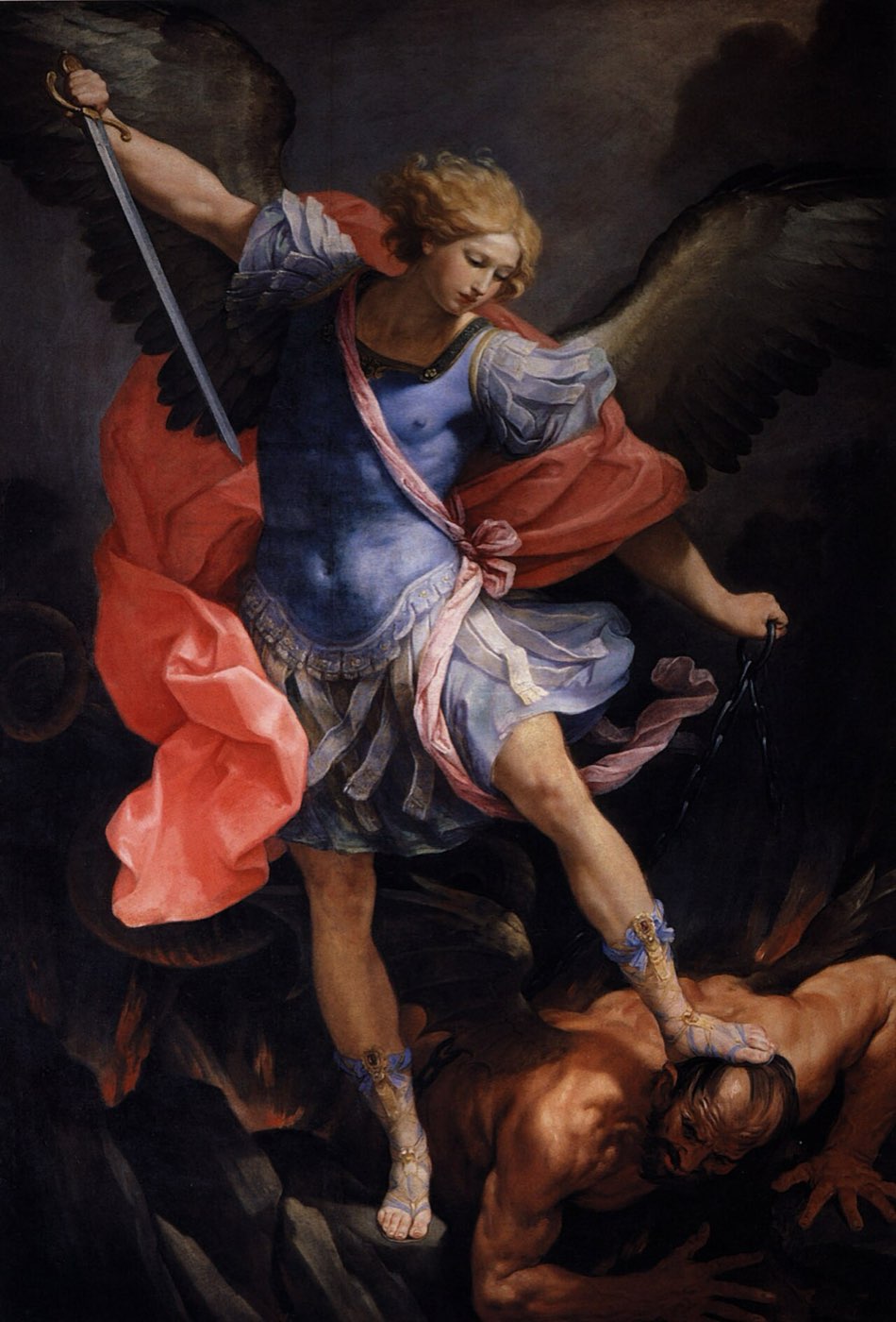 Guido Reni's Saint Michael: the archangel in blue armor, sword raised, pins the dark figure of Satan beneath his foot.