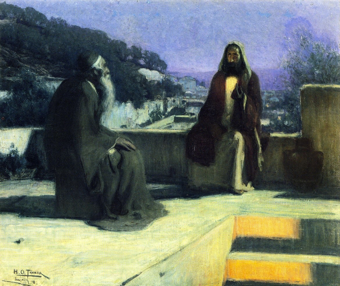 Tanner's night painting of Jesus and Nicodemus on a moonlit rooftop: the old Pharisee sits in shadow while a soft light rests on Jesus seated on the parapet, the city dim below.