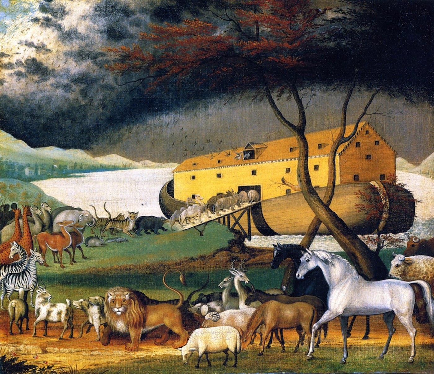 Edward Hicks' folk painting of Noah's Ark: pairs of animals -- lions, horses, elephants, birds -- file up the ramp into the great wooden ark under a stormy sky.