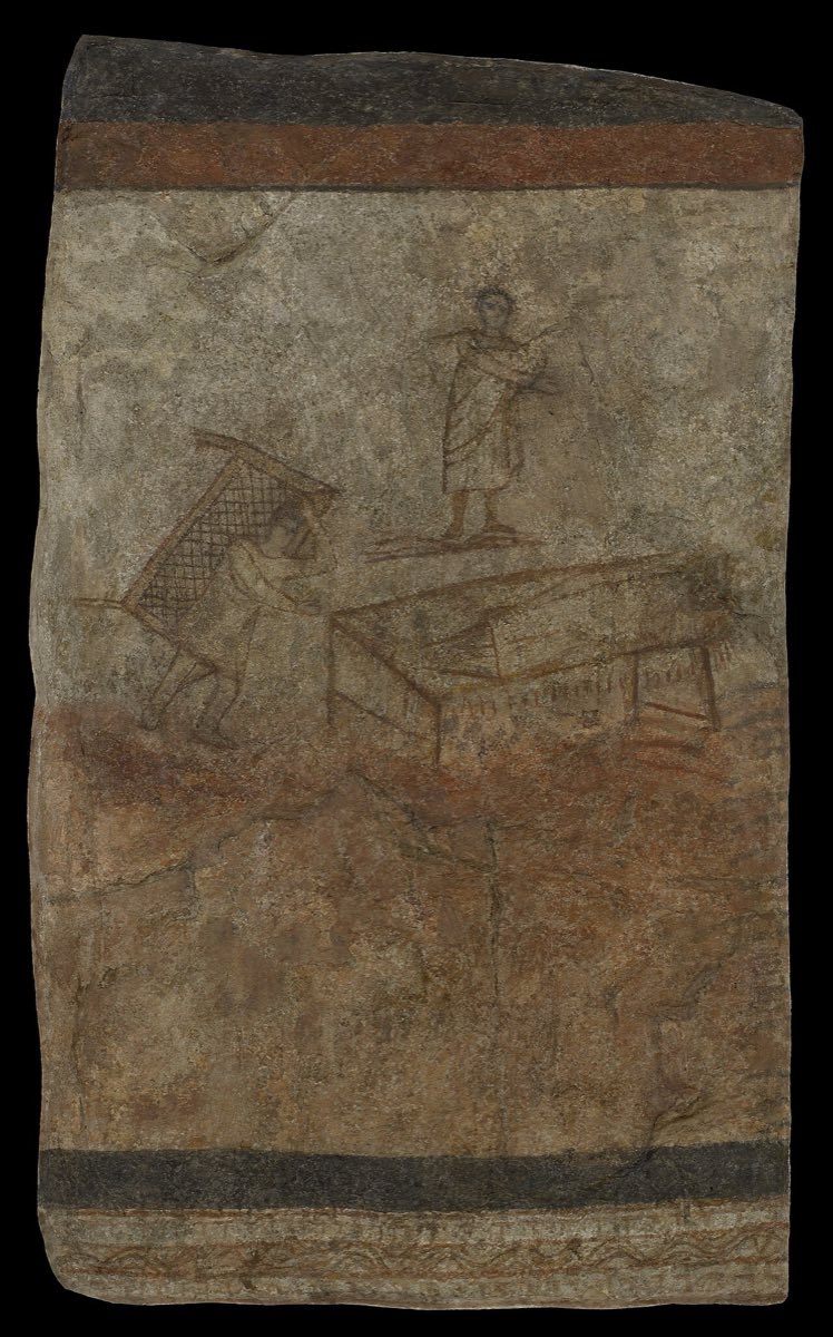 A faded third-century wall painting: the healed paralytic walks away carrying his bed frame on his back while Christ stands above, hand extended.