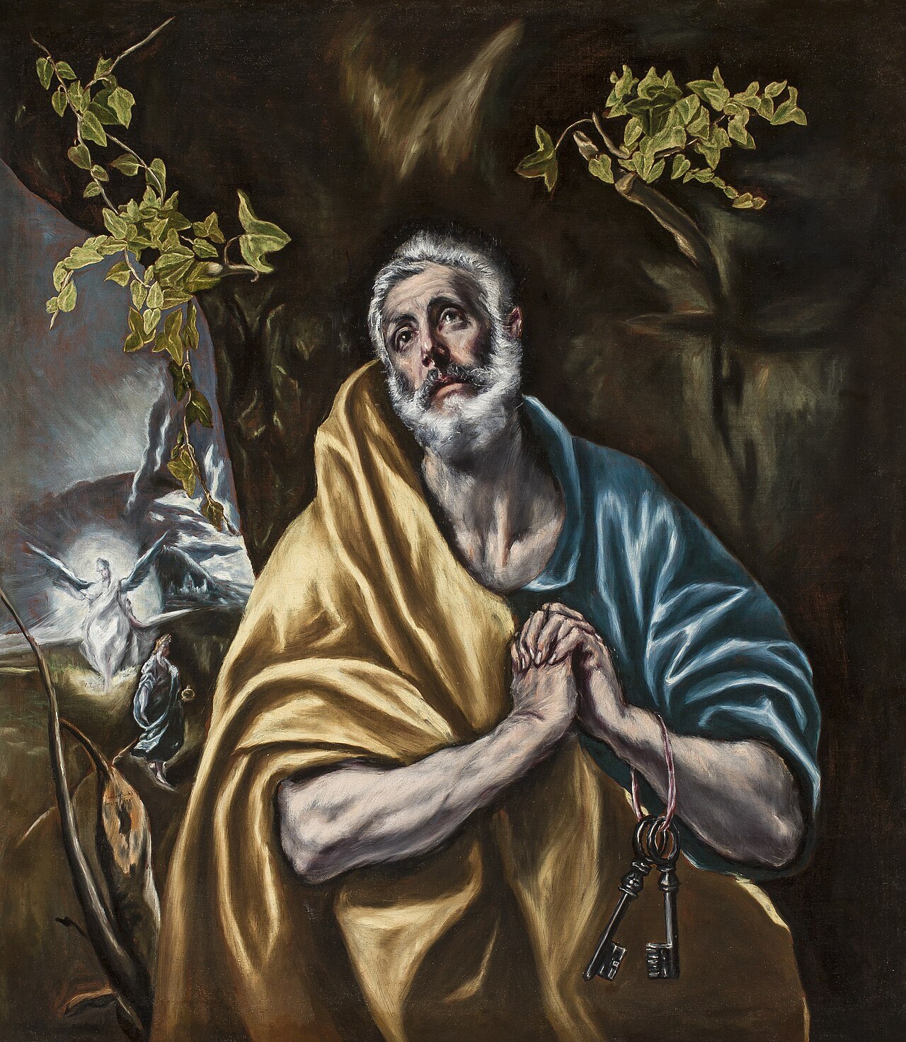 El Greco's Penitent Saint Peter: the gray-bearded apostle in a golden mantle clasps his hands and looks upward with tear-filled eyes, the keys hanging at his wrist.