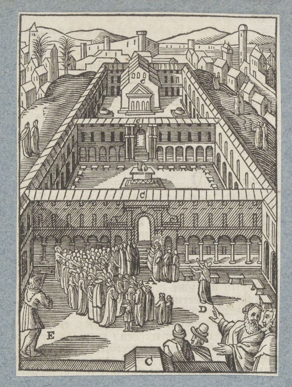 An engraving of the parable: in the temple the Pharisee stands tall with hands spread in confident prayer while the tax collector bows low at a distance, beating his breast.
