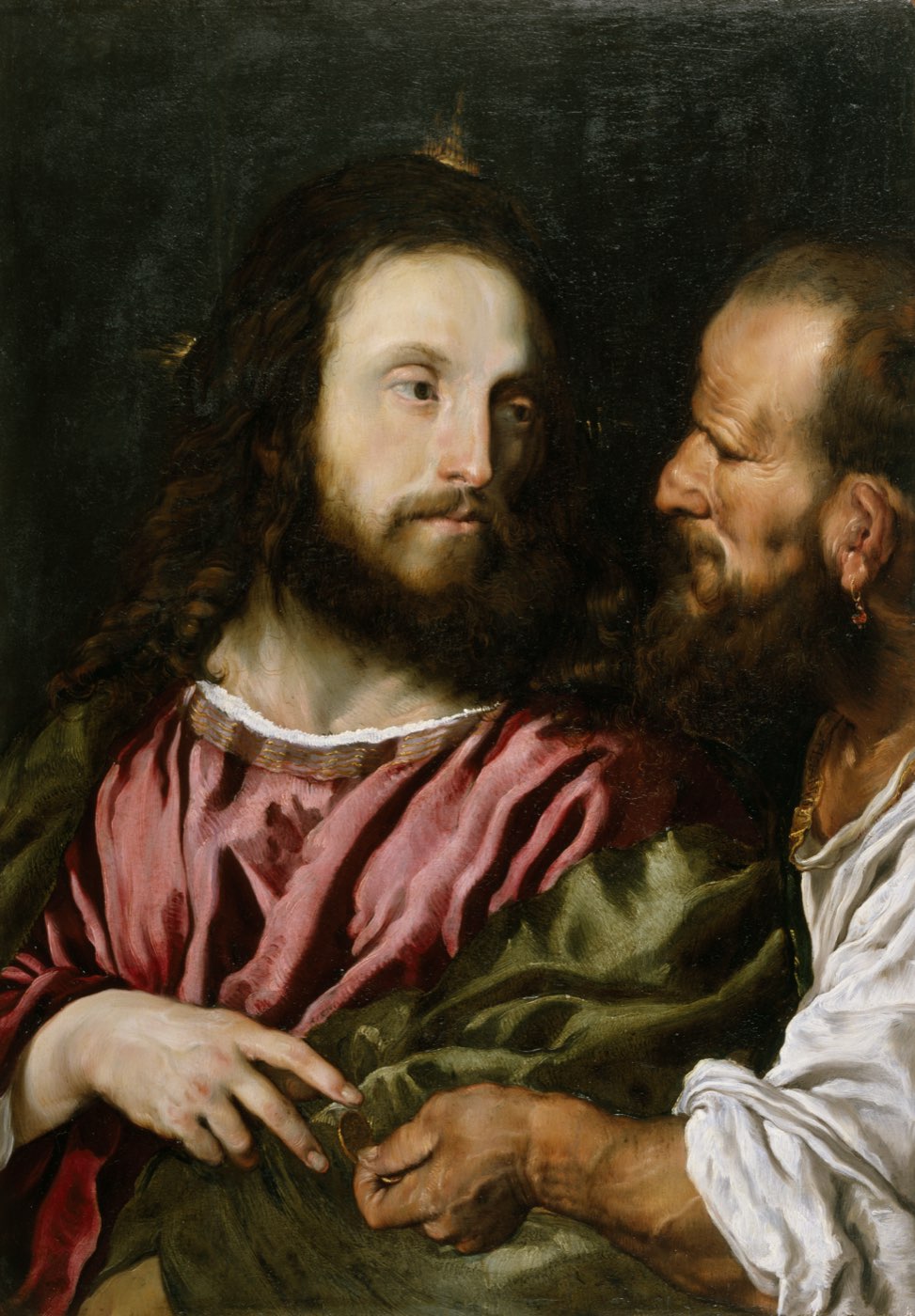 A painting of the tribute money scene: a Pharisee holds a coin up to Jesus, watching his face closely for the answer to the trap.
