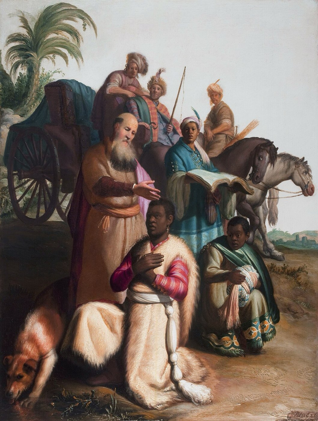 Rembrandt's early Baptism of the Eunuch: Philip baptizes the kneeling Ethiopian official at the roadside while his retinue and chariot wait.