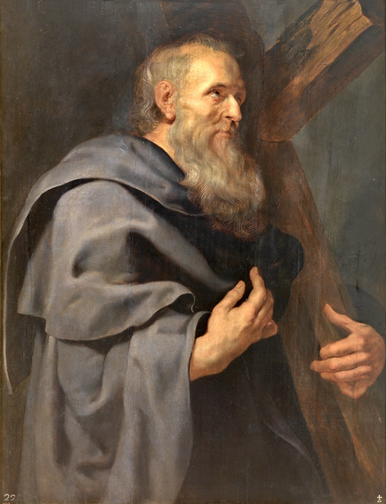 Rubens' Saint Philip: a gray-bearded apostle in a heavy slate cloak looks upward, holding the tall cross associated with his martyrdom.