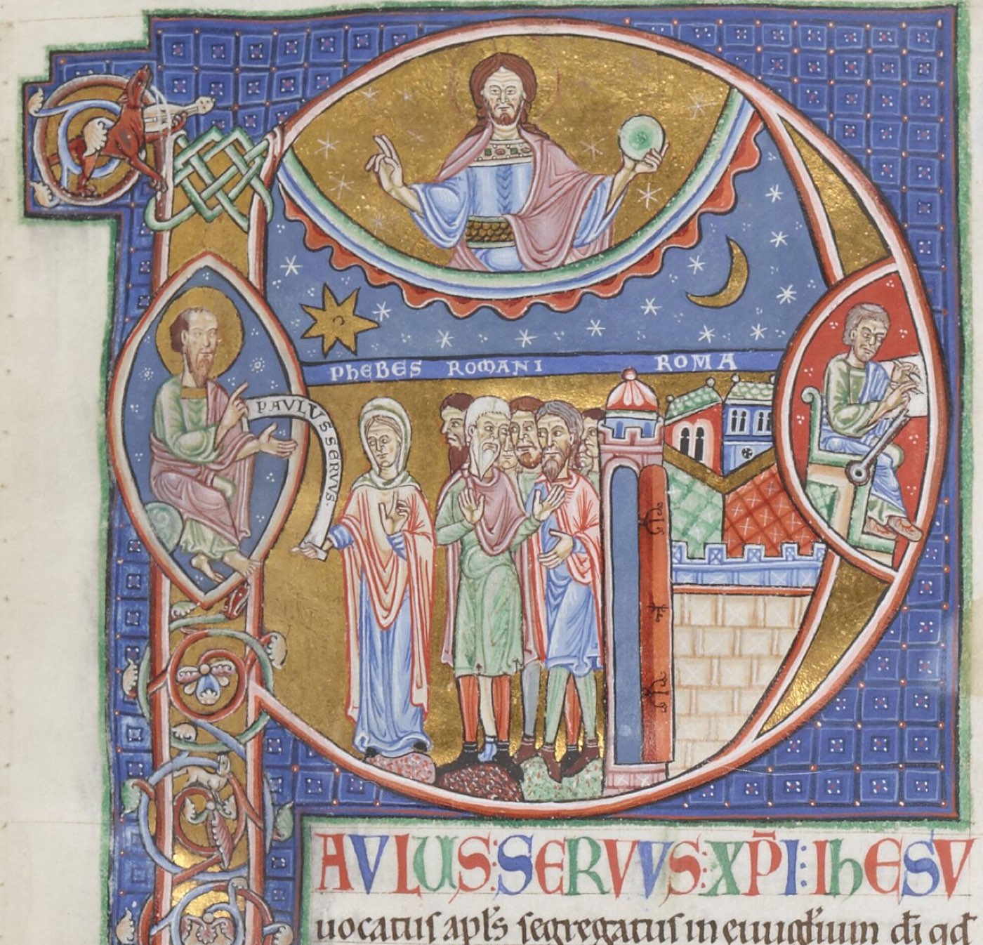 An illuminated manuscript initial of Romans: Paul hands his scroll to Phoebe, labeled PHEBES ROMANI, who stands before the walled city of Rome with its waiting believers.