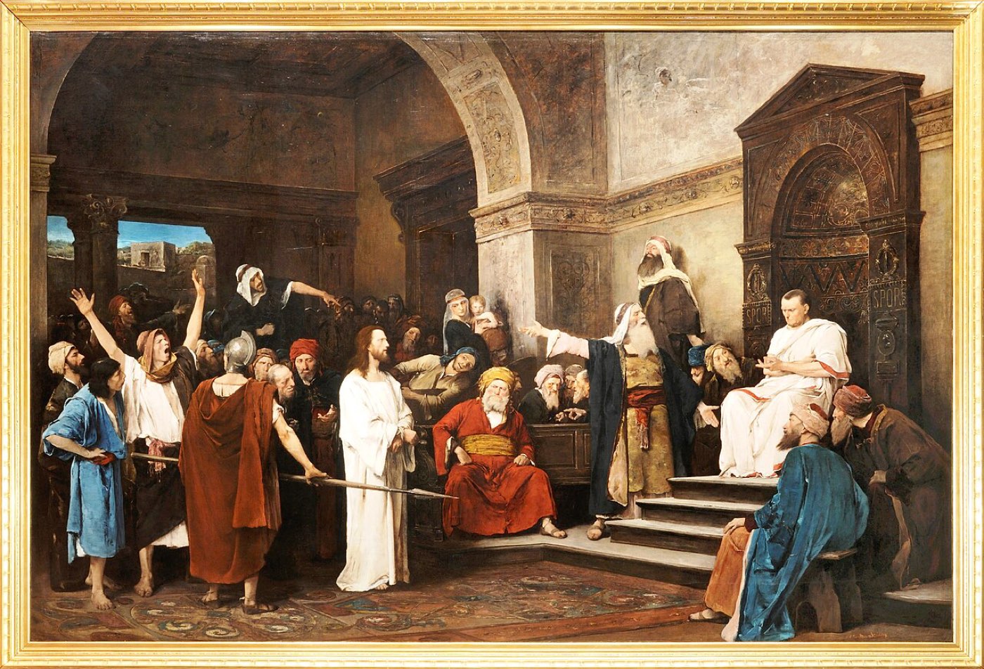 Munkácsy's vast canvas of Christ before Pilate: the white-robed Jesus stands bound amid a shouting crowd while Pilate sits on the tribunal, chin on hand, deciding.